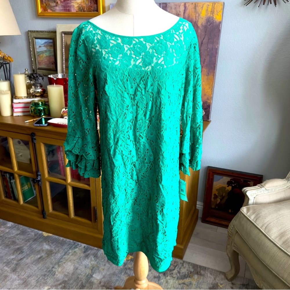 NWT Jessica Howard Emerald Green Lace Dress Ruffled 3/4 Sleeve sz 14